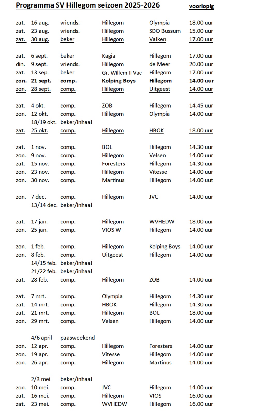 Programma SV Hillegom 1 bekend